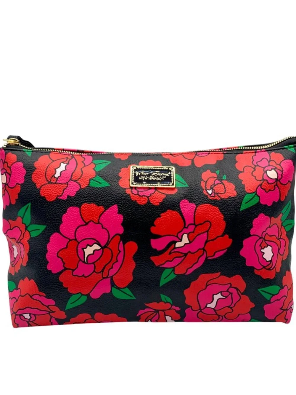 Betsey Johnson Black Floral Printed Large Zip Pouch